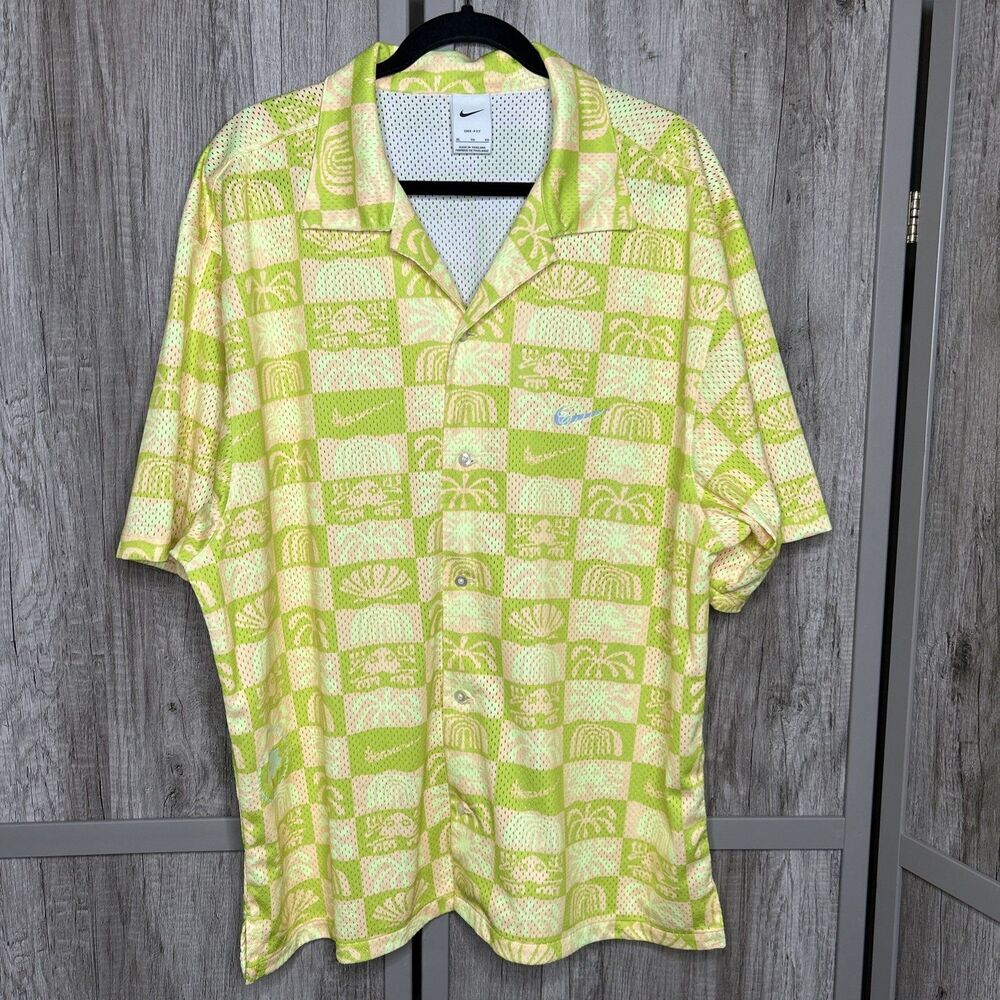 Nike Men Dri-Fit Shirt Spring Beach Short Sleeve Yellow Green Logo Size XL